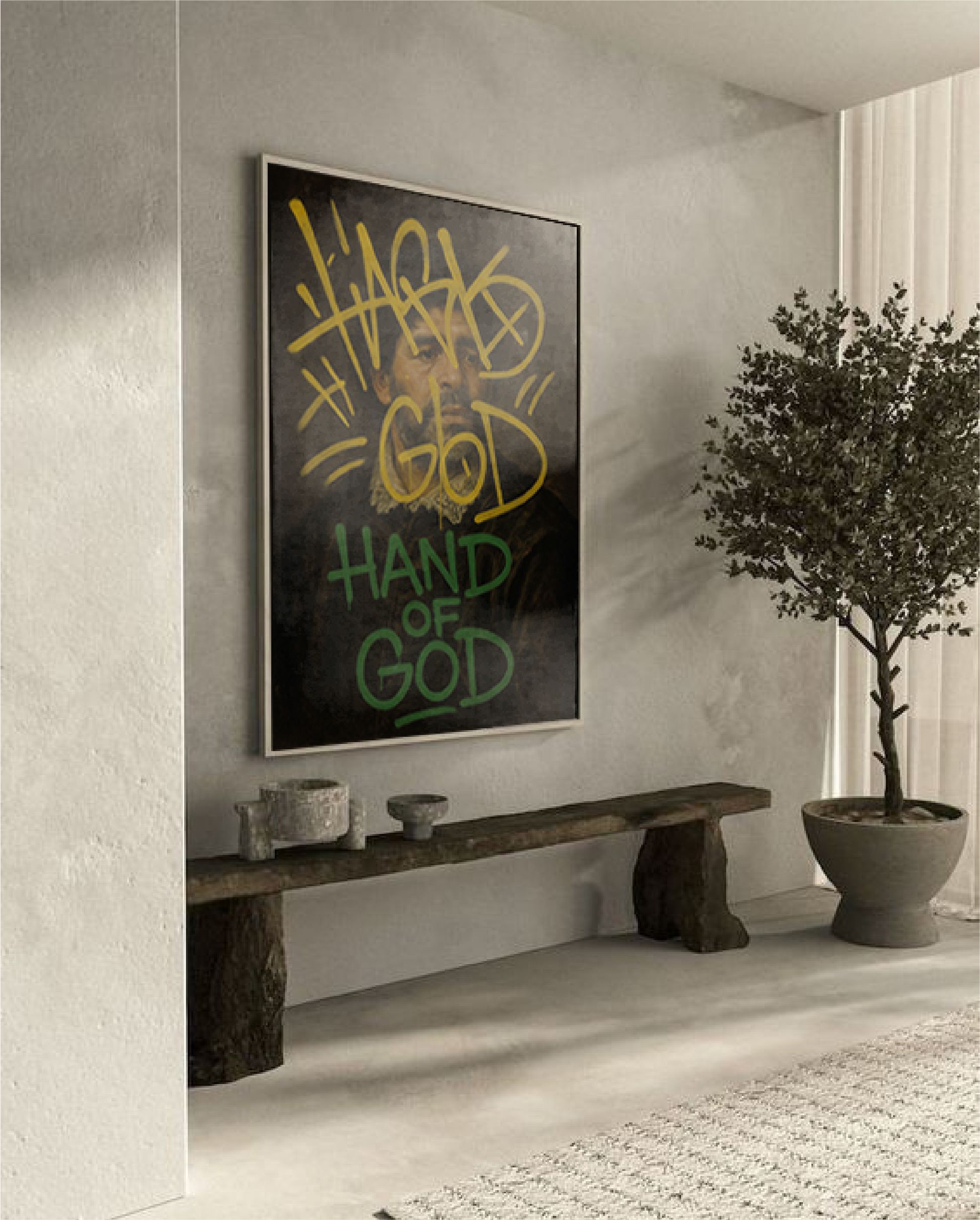 Modern interior with a bench, plant, and framed artwork on a wall.